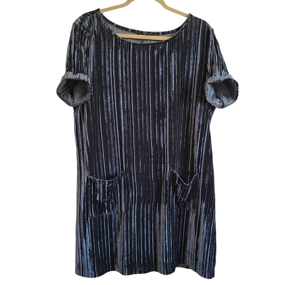 Hannah Women XL Black Slouchy Short Sleeve Ribbed Velvet Dress Patch Pocket Soft